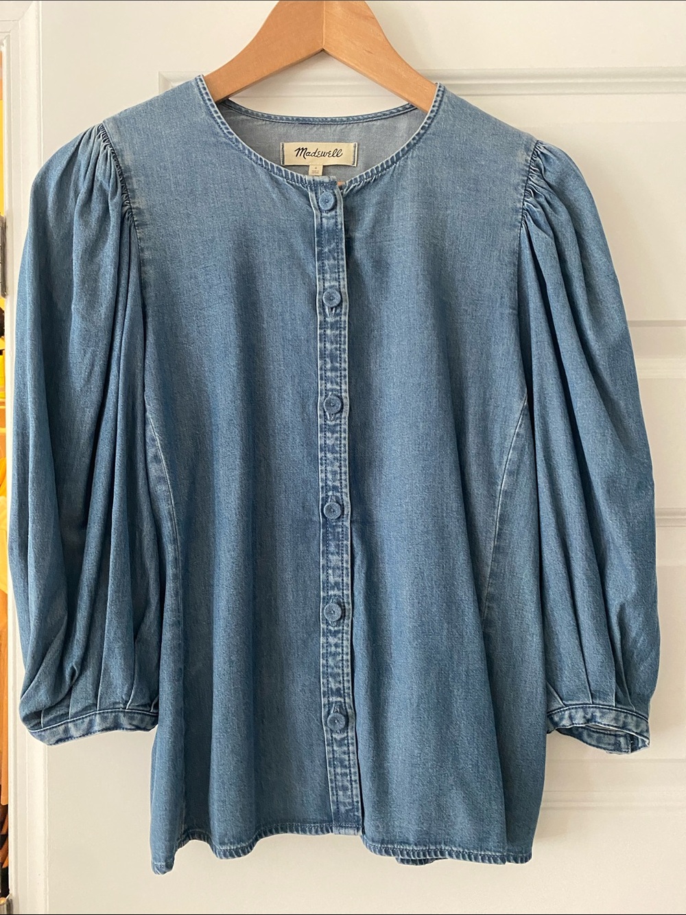 Madewell NEW Medium Blue Denim Button-Front Top with Puff Sleeves